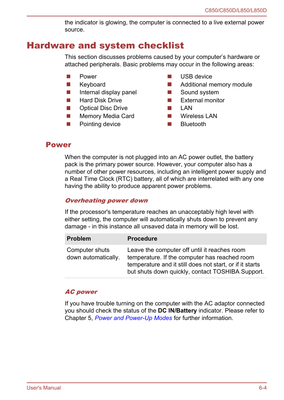 Hardware and system checklist, Power, Hardware and system checklist -4 | Toshiba Satellite L855 User Manual | Page 116 / 152