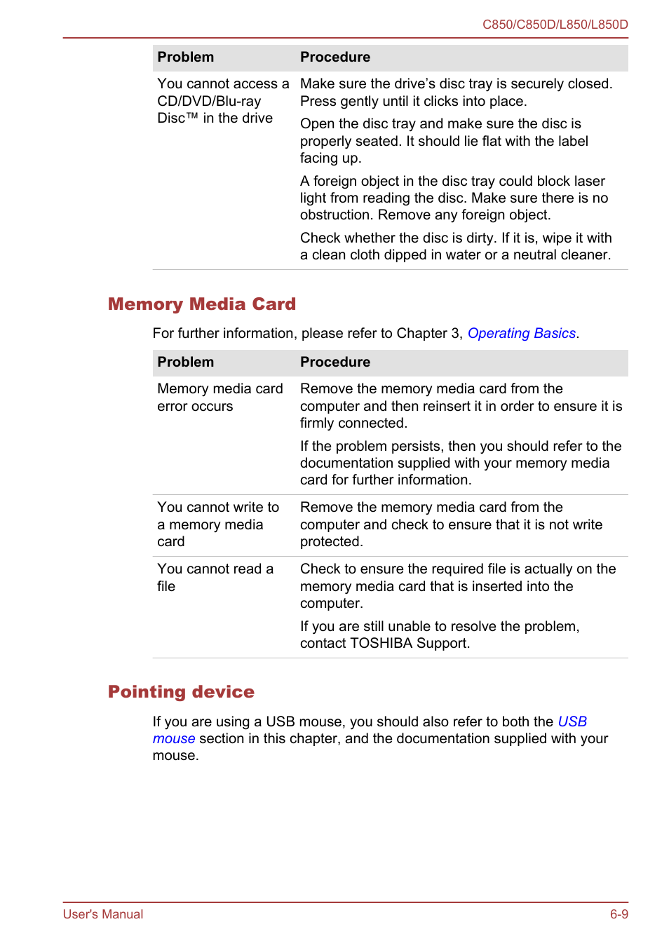 Memory media card, Pointing device | Toshiba Satellite L855 User Manual | Page 121 / 152