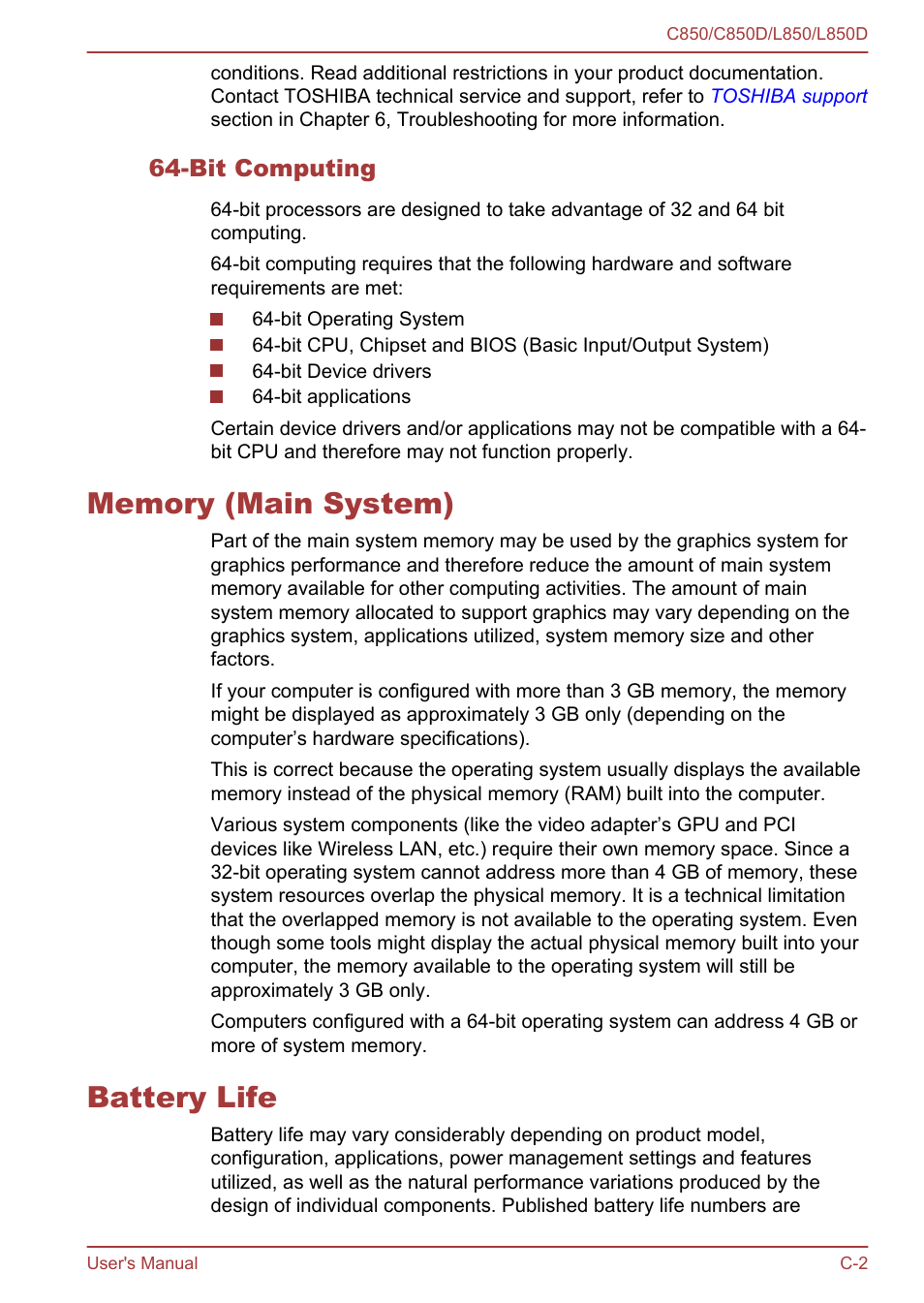 Bit computing, Memory (main system), Battery life | Toshiba Satellite L855 User Manual | Page 135 / 152