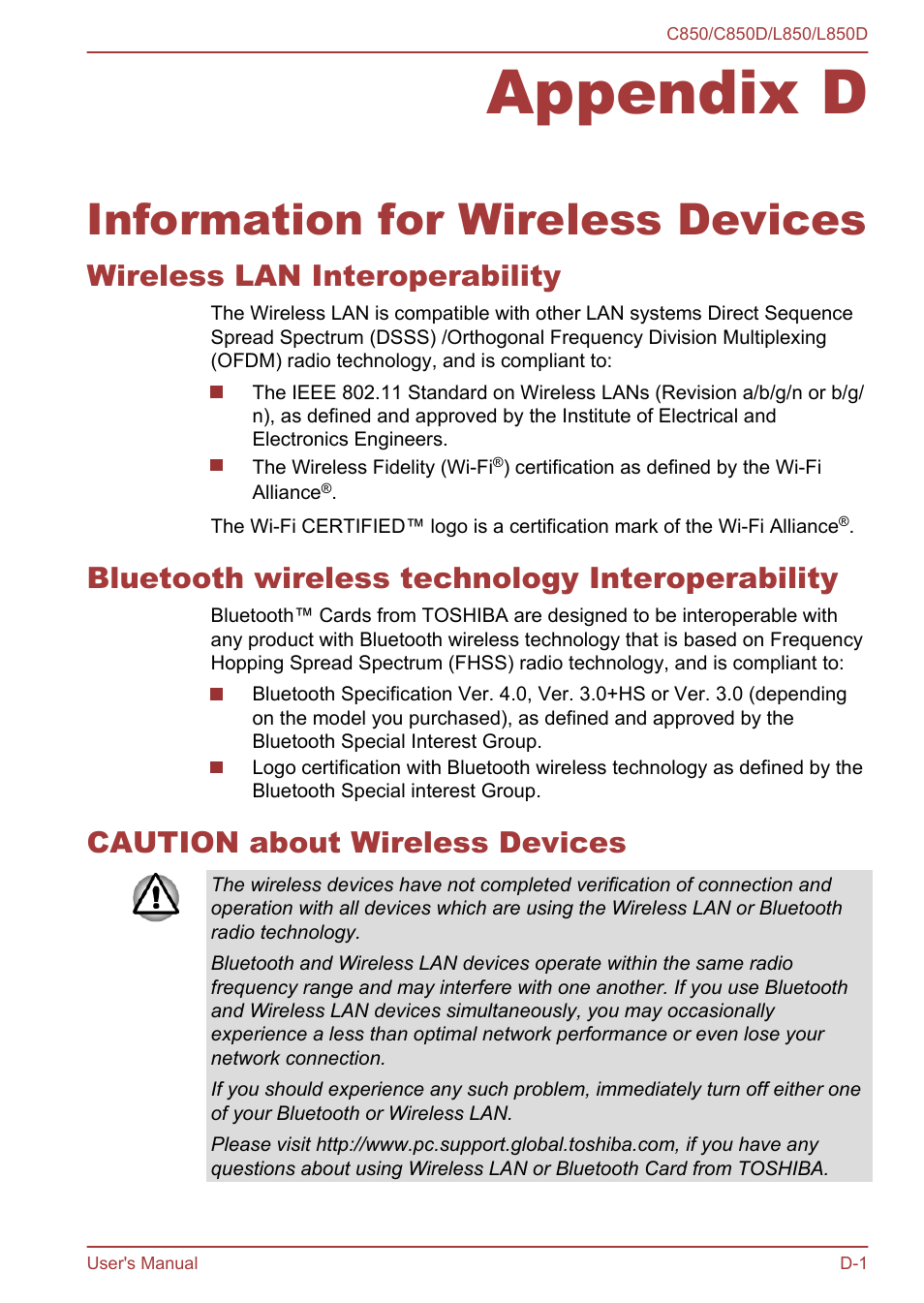 Appendix d information for wireless devices, Wireless lan interoperability, Bluetooth wireless technology interoperability | Caution about wireless devices, Appendix d, Information for wireless devices | Toshiba Satellite L855 User Manual | Page 138 / 152