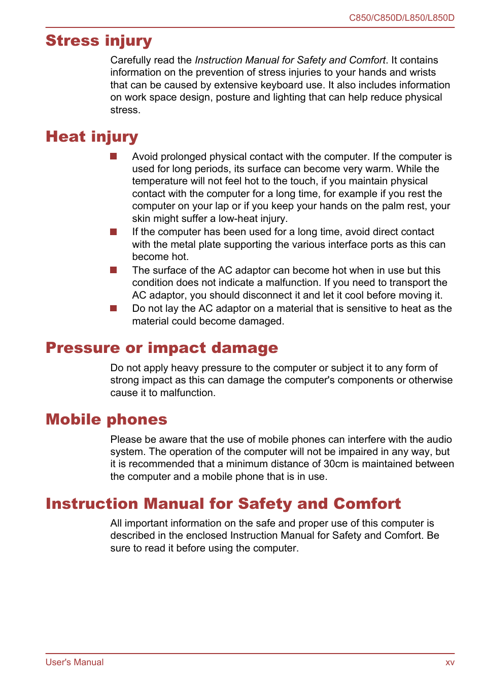 Stress injury, Heat injury, Pressure or impact damage | Mobile phones, Instruction manual for safety and comfort | Toshiba Satellite L855 User Manual | Page 15 / 152