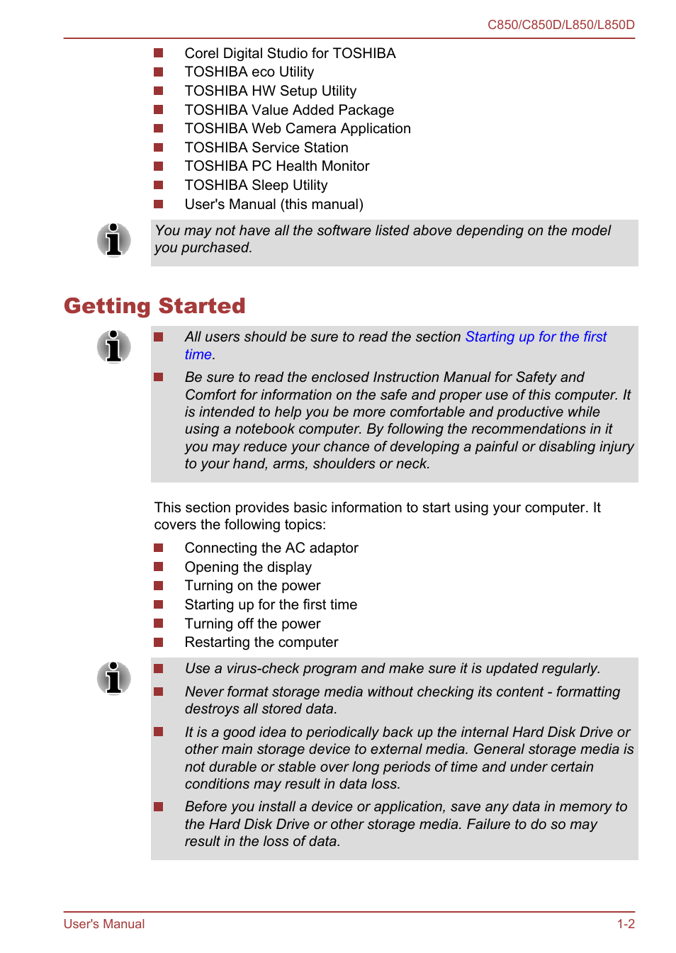 Getting started, Getting started -2 | Toshiba Satellite L855 User Manual | Page 17 / 152