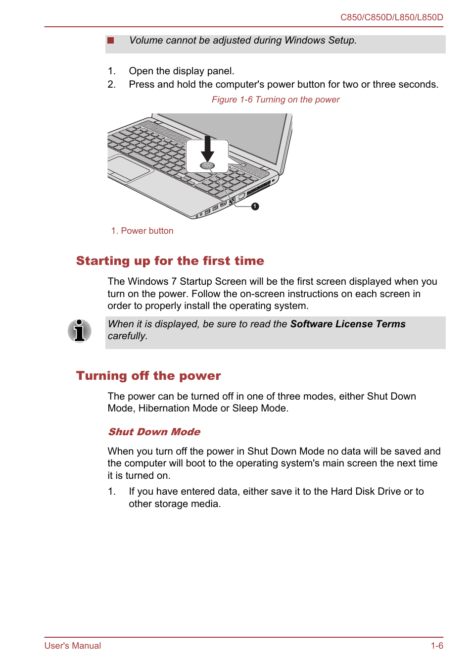 Starting up for the first time, Turning off the power | Toshiba Satellite L855 User Manual | Page 21 / 152