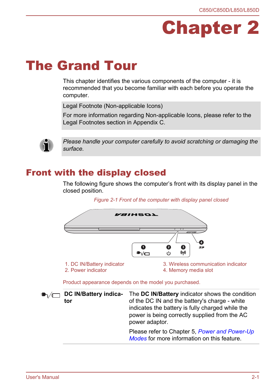 Chapter 2 the grand tour, Front with the display closed, Chapter 2 | The grand tour, Front with the display closed -1 | Toshiba Satellite L855 User Manual | Page 26 / 152