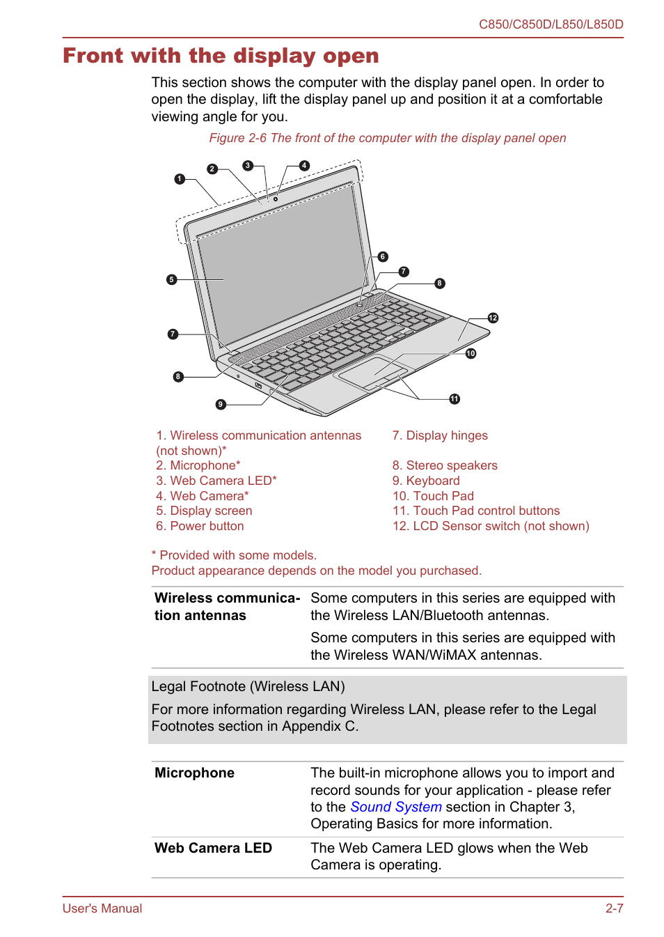 Front with the display open, Front with the display open -7 | Toshiba Satellite L855 User Manual | Page 32 / 152