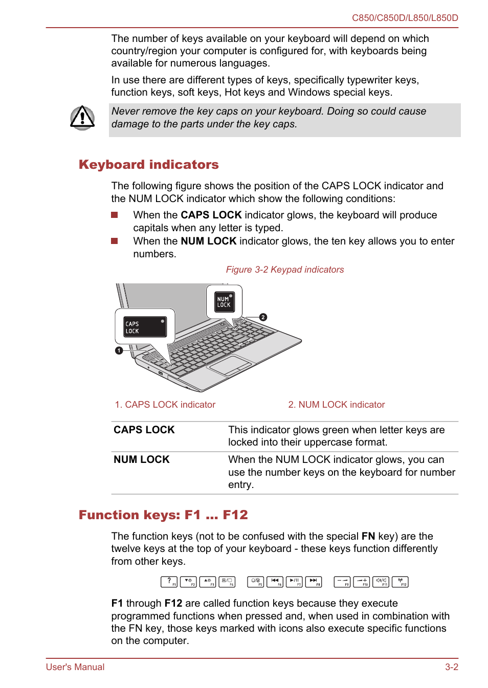 Keyboard indicators, Function keys: f1 … f12 | Toshiba Satellite L855 User Manual | Page 39 / 152