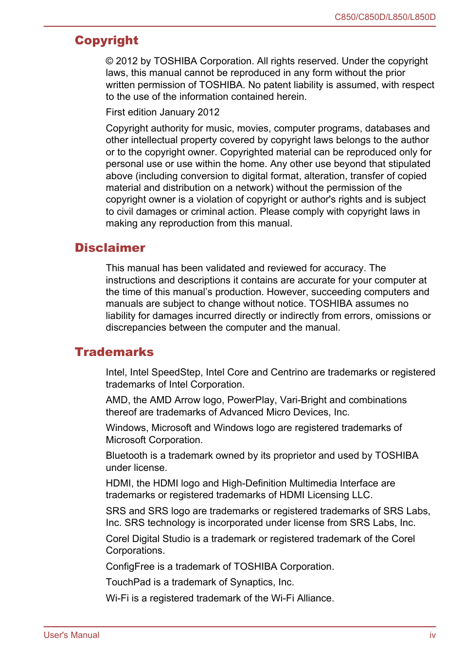 Toshiba Satellite L855 User Manual | Page 4 / 152