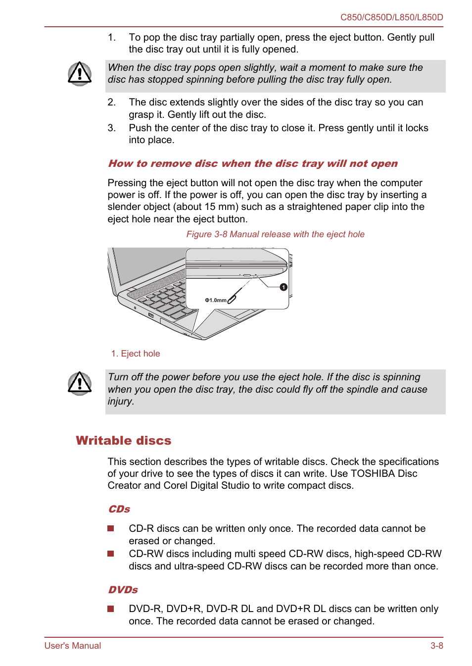 Writable discs | Toshiba Satellite L855 User Manual | Page 45 / 152