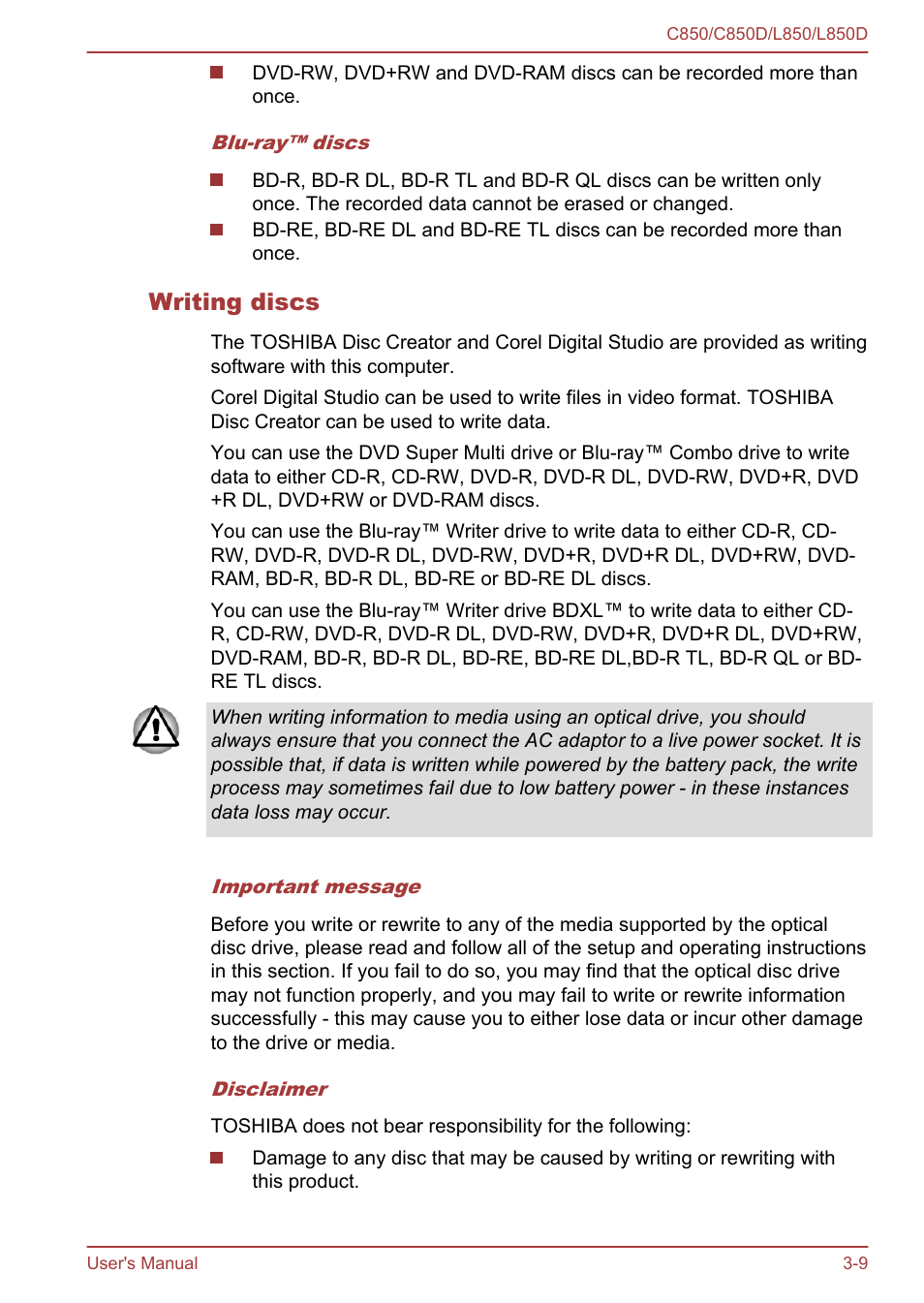 Writing discs | Toshiba Satellite L855 User Manual | Page 46 / 152