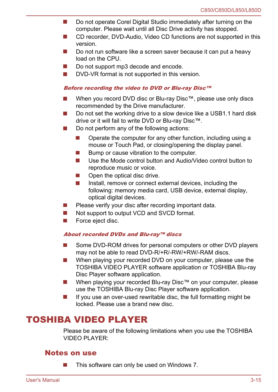 Toshiba video player, Notes on use, Toshiba video player -15 | Toshiba Satellite L855 User Manual | Page 52 / 152