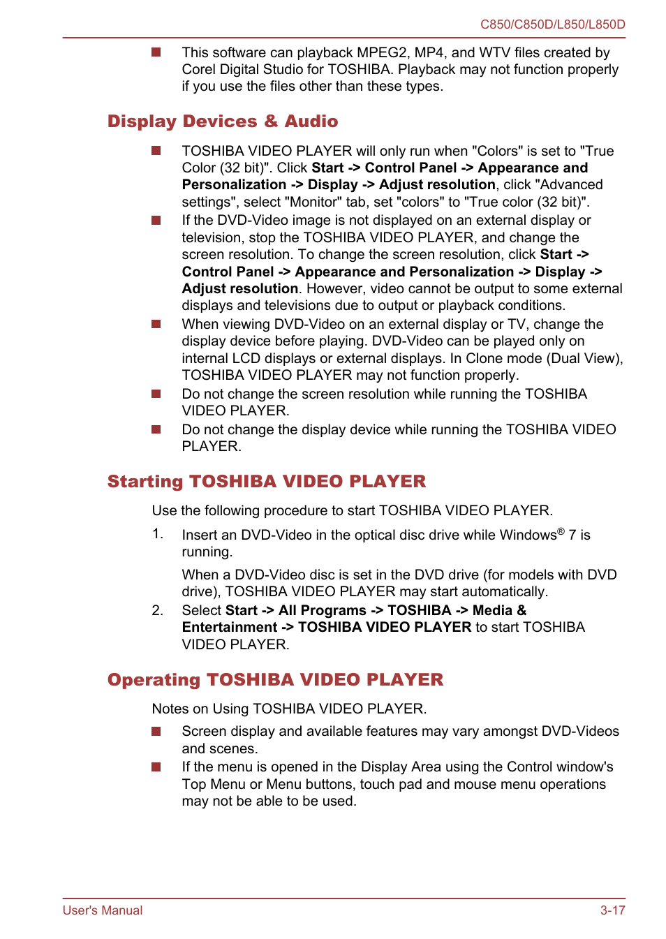 Display devices & audio, Starting toshiba video player, Operating toshiba video player | Toshiba Satellite L855 User Manual | Page 54 / 152