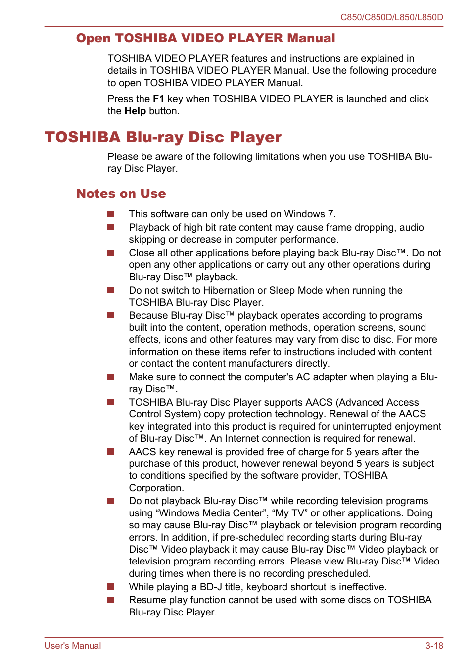 Open toshiba video player manual, Toshiba blu-ray disc player, Notes on use | Toshiba blu-ray disc player -18 | Toshiba Satellite L855 User Manual | Page 55 / 152