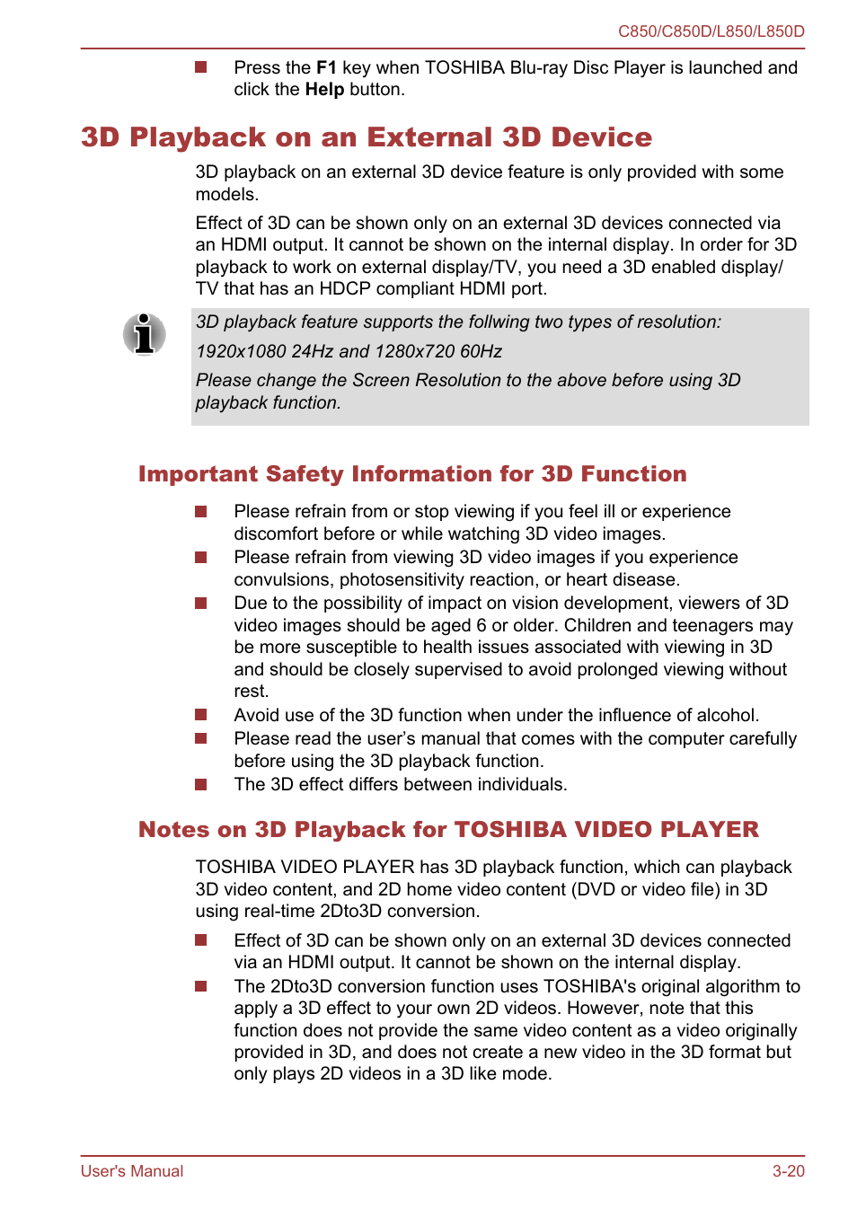 3d playback on an external 3d device, Important safety information for 3d function, Notes on 3d playback for toshiba video player | 3d playback on an external 3d device -20 | Toshiba Satellite L855 User Manual | Page 57 / 152