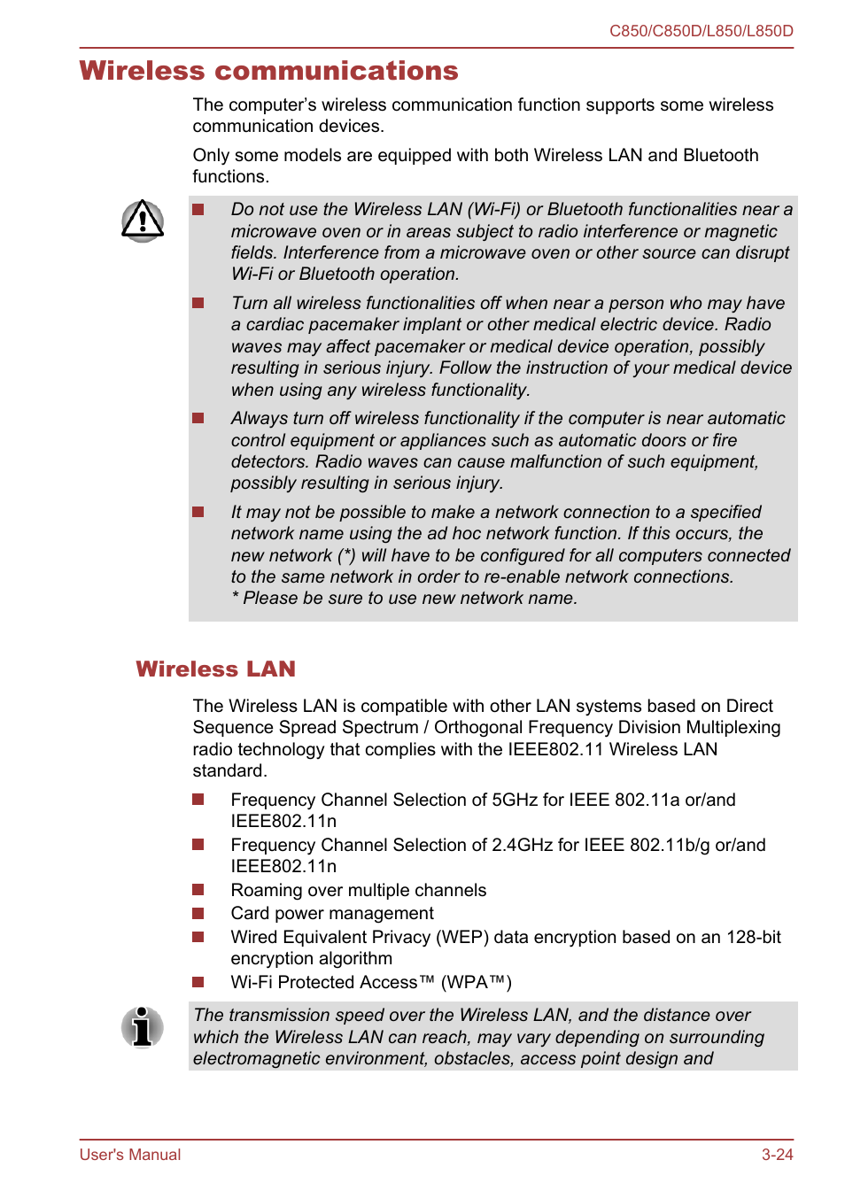 Wireless communications, Wireless lan, Wireless communications -24 | Toshiba Satellite L855 User Manual | Page 61 / 152