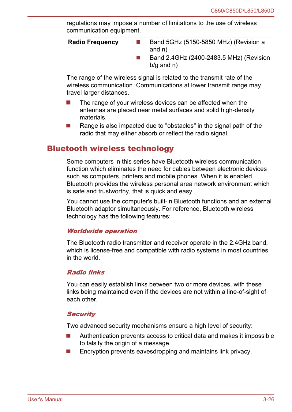 Bluetooth wireless technology | Toshiba Satellite L855 User Manual | Page 63 / 152