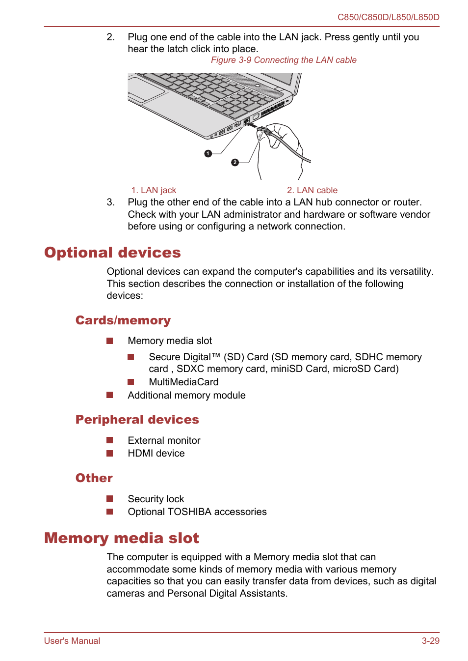 Optional devices, Cards/memory, Peripheral devices | Other, Memory media slot, Optional devices -29 memory media slot -29 | Toshiba Satellite L855 User Manual | Page 66 / 152