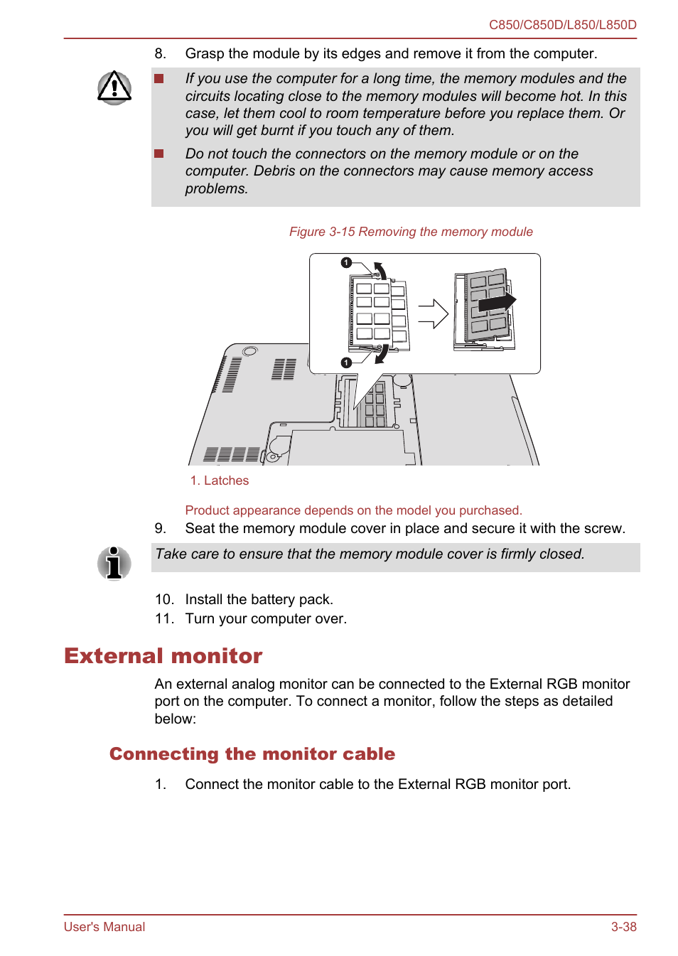 External monitor, Connecting the monitor cable, External monitor -38 | Toshiba Satellite L855 User Manual | Page 75 / 152