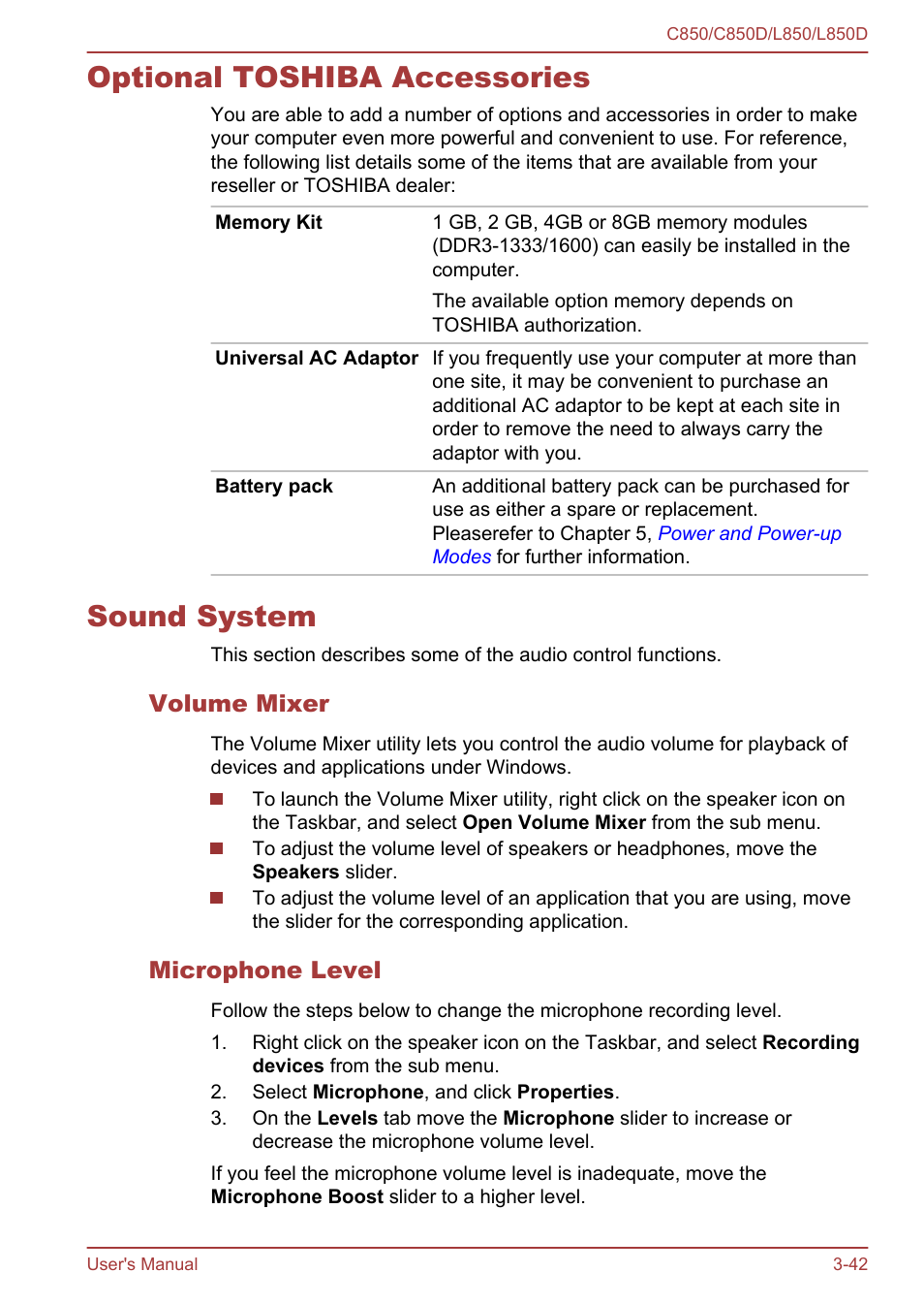 Optional toshiba accessories, Sound system, Volume mixer | Microphone level, Optional toshiba accessories -42 sound system -42 | Toshiba Satellite L855 User Manual | Page 79 / 152