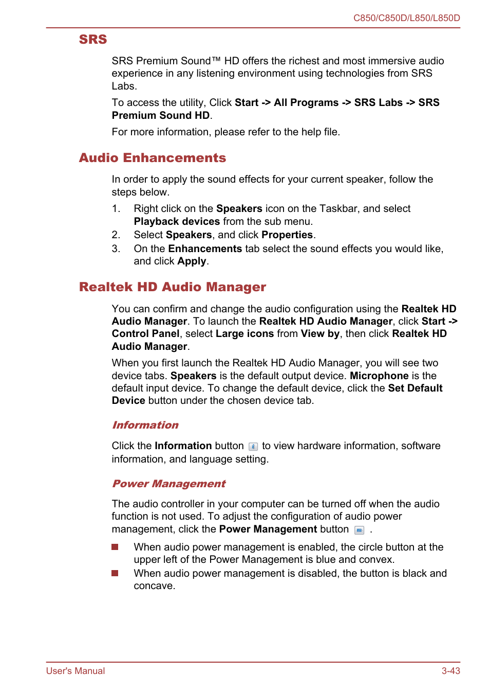 Audio enhancements, Realtek hd audio manager | Toshiba Satellite L855 User Manual | Page 80 / 152