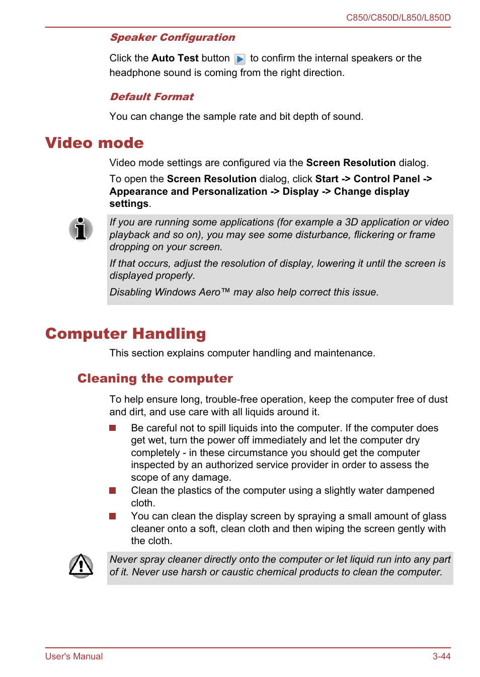 Video mode, Computer handling, Cleaning the computer | Video mode -44, Computer handling -44 | Toshiba Satellite L855 User Manual | Page 81 / 152