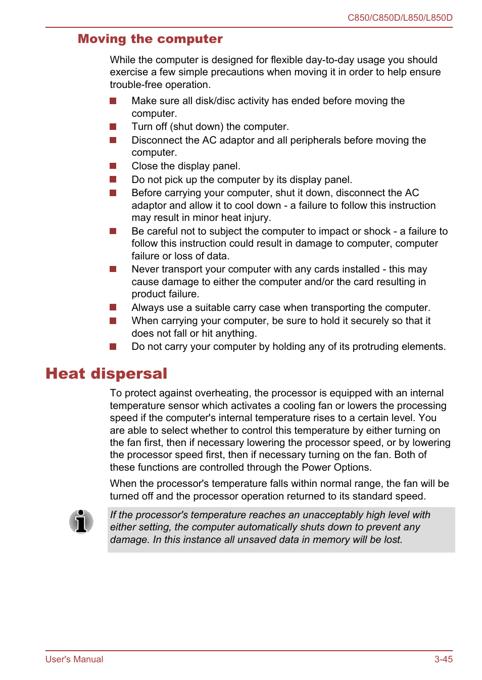 Moving the computer, Heat dispersal, Heat dispersal -45 | Toshiba Satellite L855 User Manual | Page 82 / 152