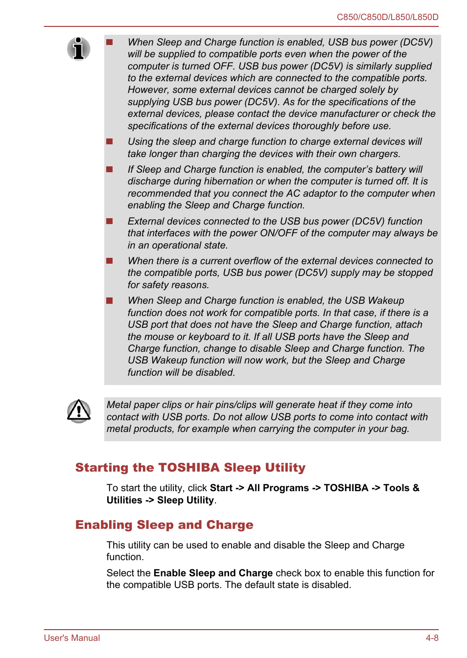 Starting the toshiba sleep utility, Enabling sleep and charge | Toshiba Satellite L855 User Manual | Page 90 / 152