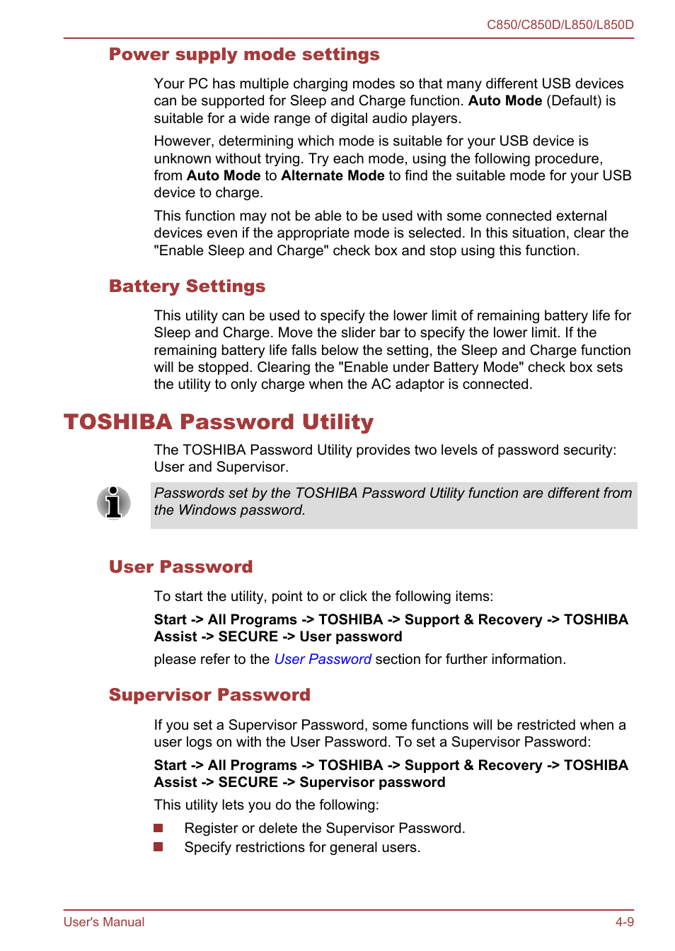 Power supply mode settings, Battery settings, Toshiba password utility | User password, Supervisor password, Toshiba password utility -9 | Toshiba Satellite L855 User Manual | Page 91 / 152