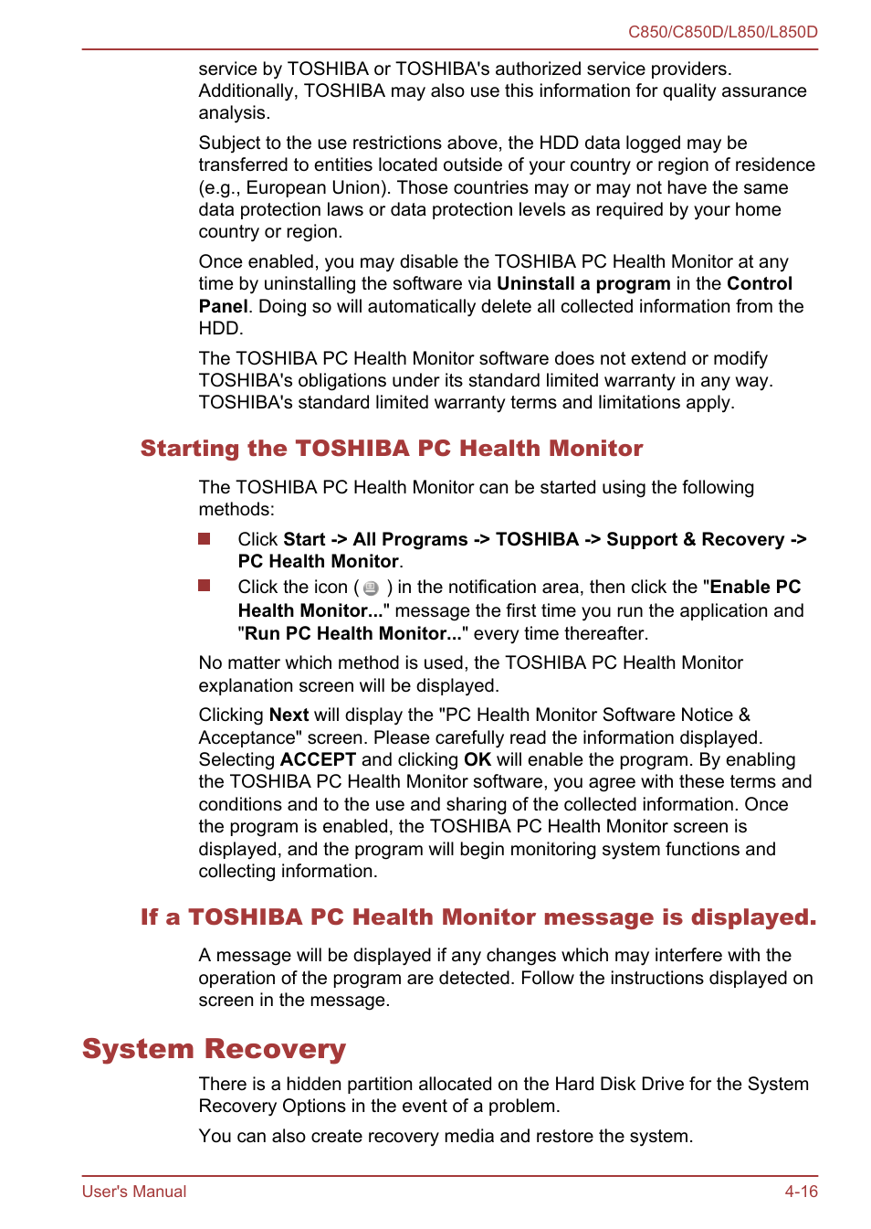 Starting the toshiba pc health monitor, System recovery, System recovery -16 | Toshiba Satellite L855 User Manual | Page 98 / 152