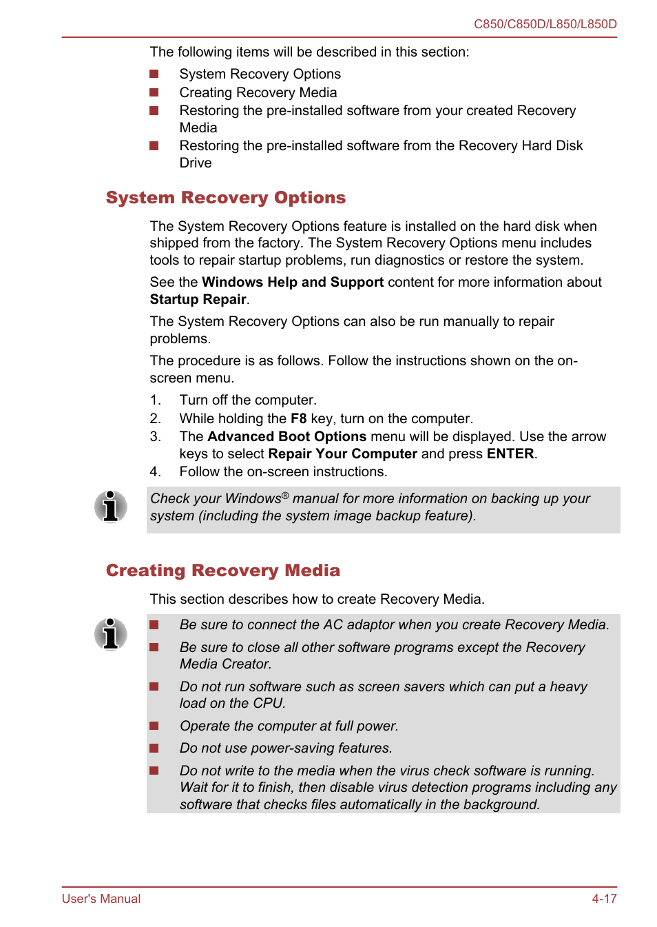 System recovery options, Creating recovery media | Toshiba Satellite L855 User Manual | Page 99 / 152