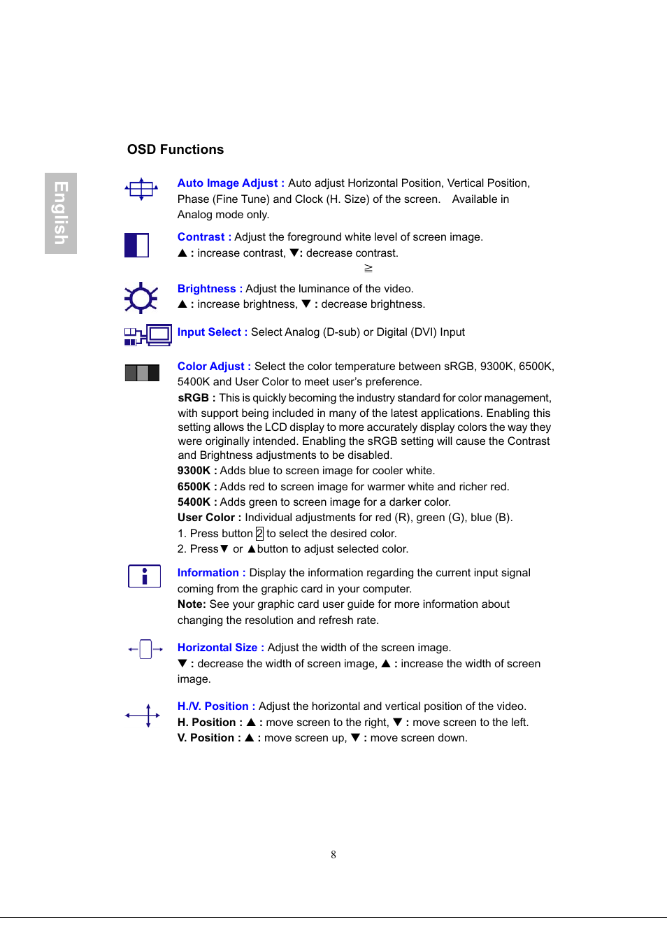 English | AOC 2219V1 User Manual | Page 10 / 45
