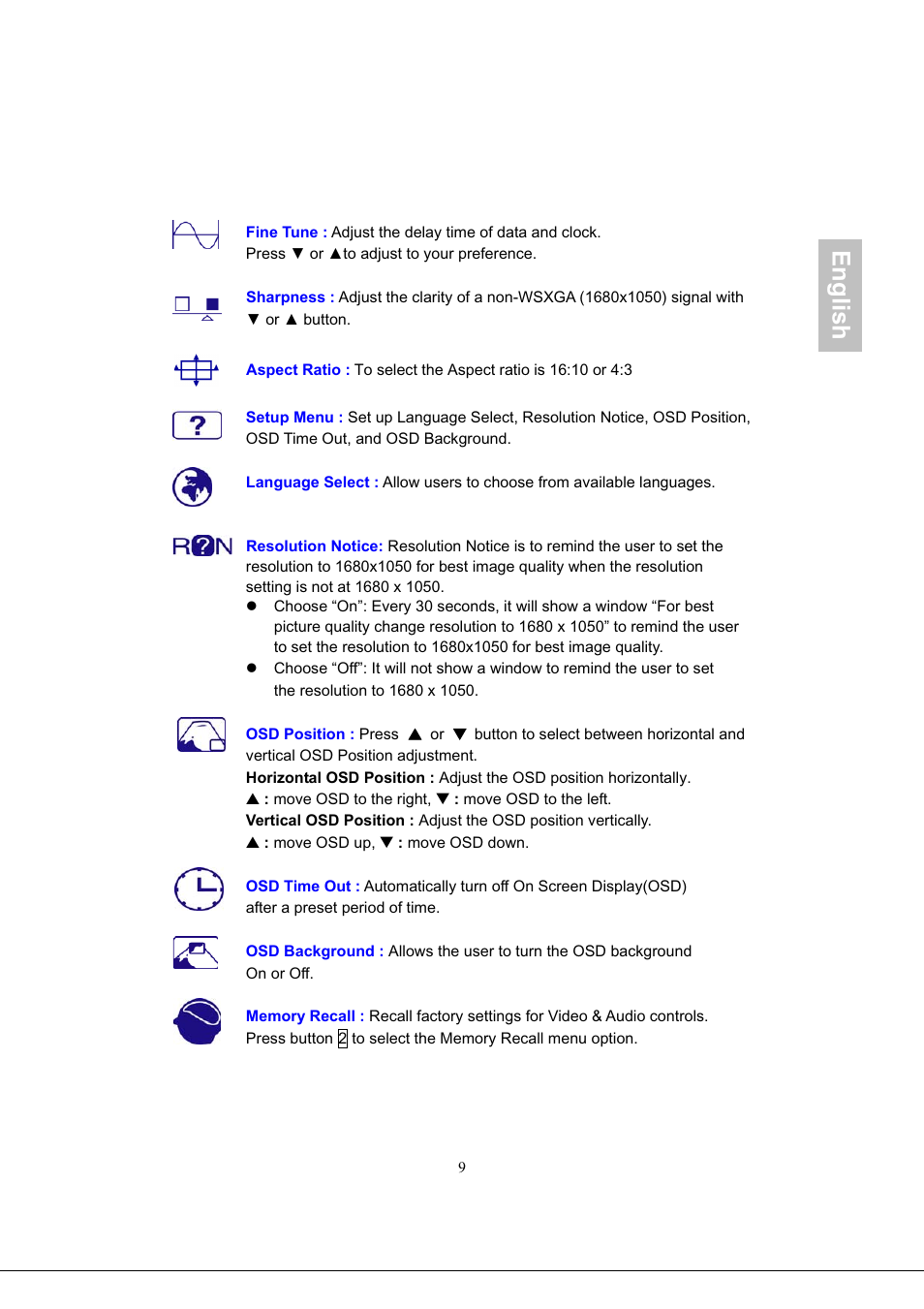English | AOC 2219V1 User Manual | Page 11 / 45