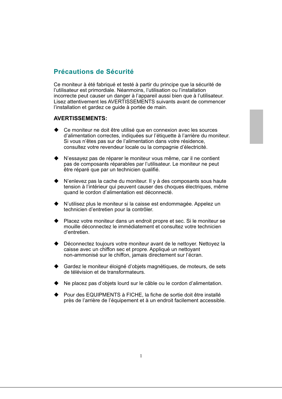 Précautions de sécurité, Français | AOC 2219V1 User Manual | Page 17 / 45