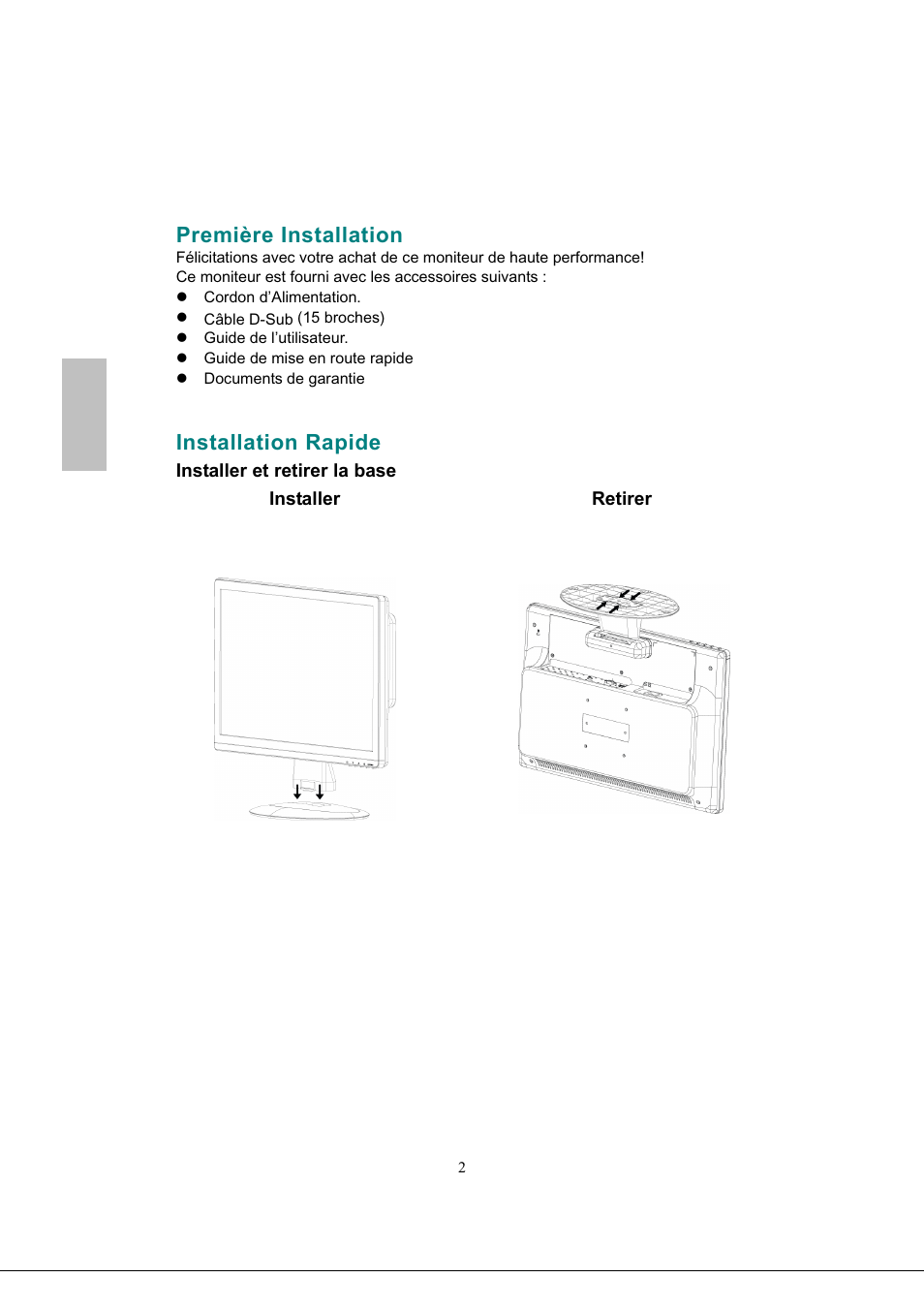 Première installation, Installation rapide, Installation rapide -5 | Français | AOC 2219V1 User Manual | Page 18 / 45