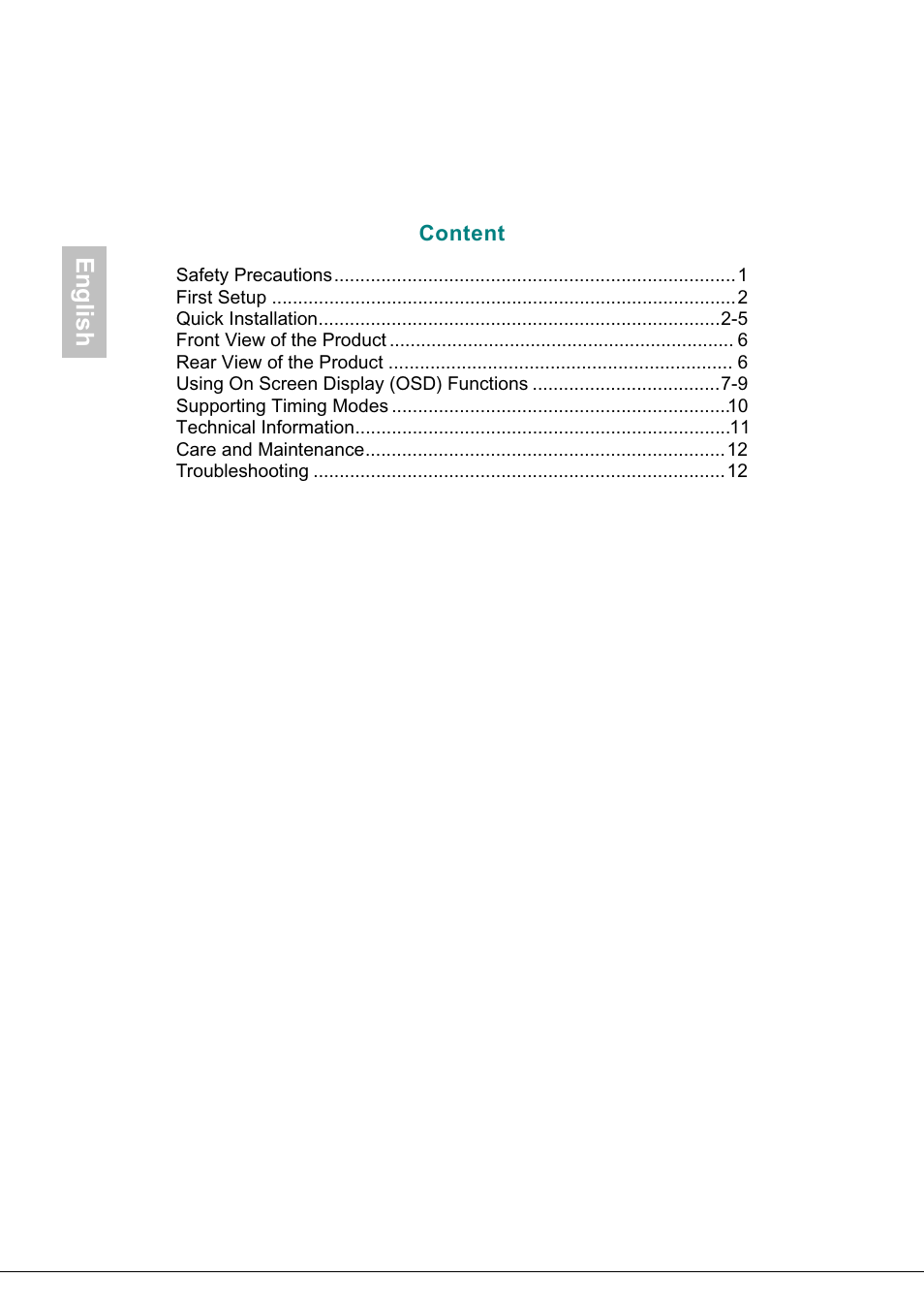 Content, English | AOC 2219V1 User Manual | Page 2 / 45