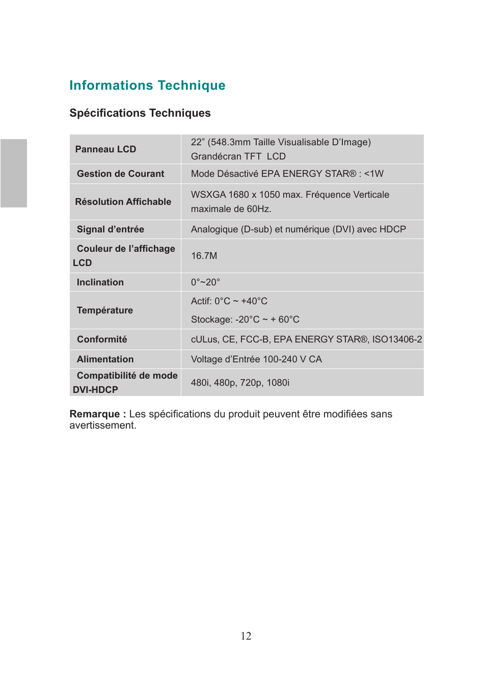 Français, Informations technique | AOC 2219V1 User Manual | Page 28 / 45