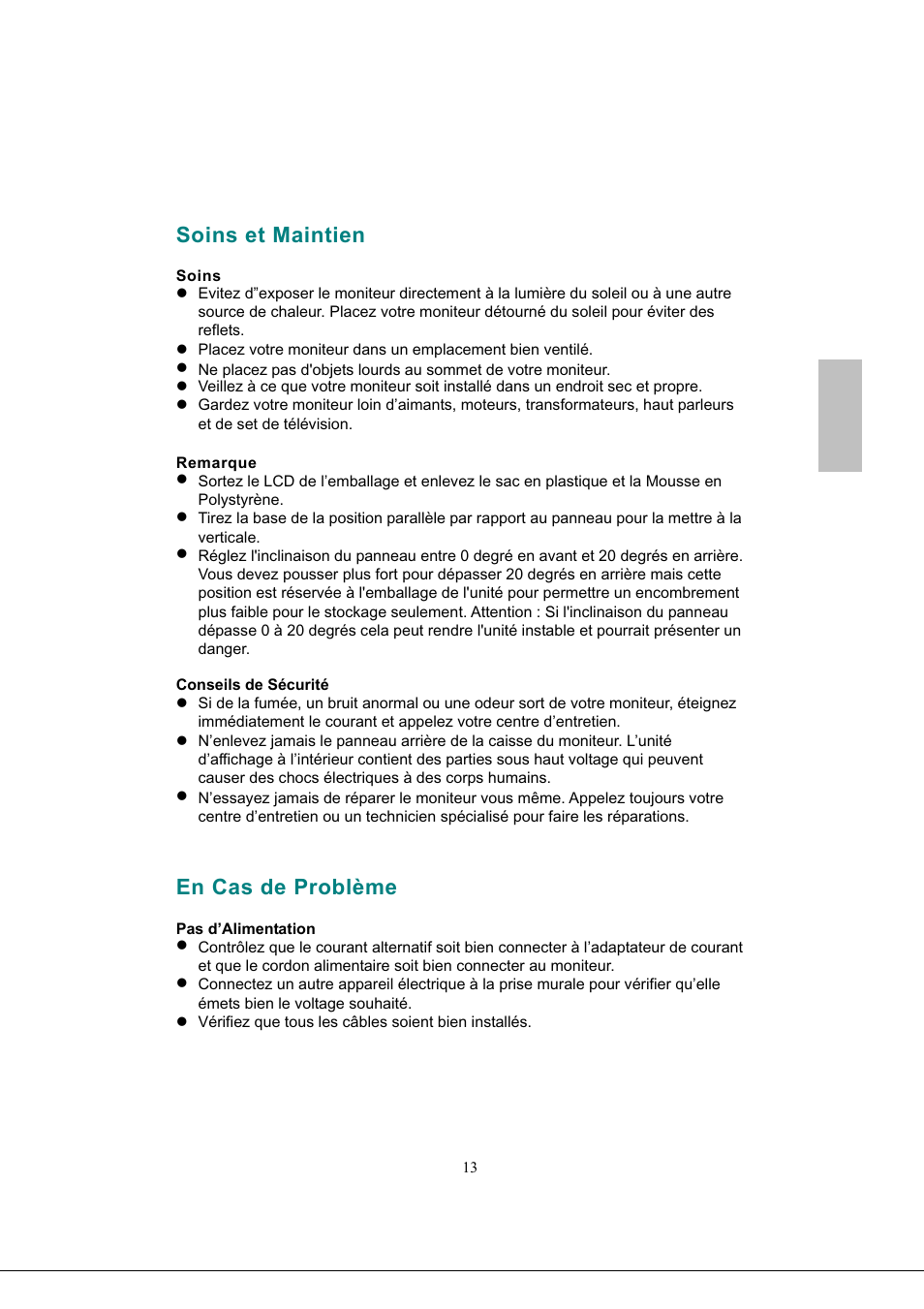 Soins et maintien, Soins, Remarque | En cas de problème, Français | AOC 2219V1 User Manual | Page 29 / 45