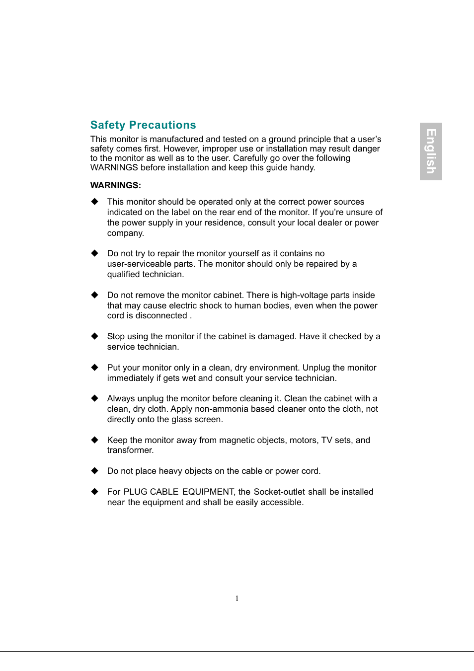 Safety precautions, English | AOC 2219V1 User Manual | Page 3 / 45