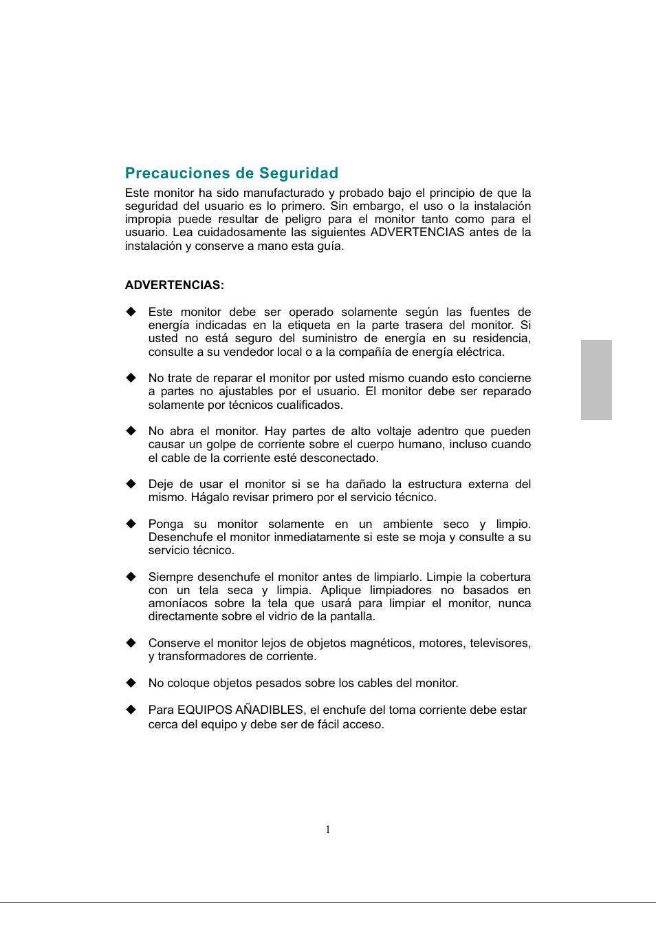 Precauciones de seguridad, Español | AOC 2219V1 User Manual | Page 33 / 45