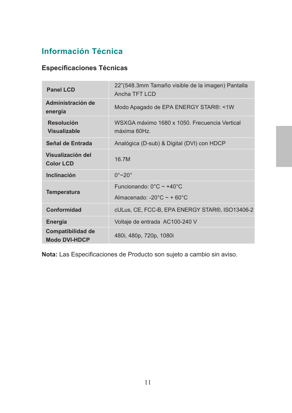 Español, Información técnica | AOC 2219V1 User Manual | Page 43 / 45