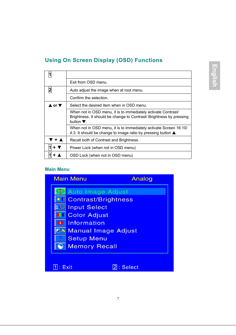 Using on screen display (osd) functions, Main menu, English | AOC 2219V1 User Manual | Page 9 / 45