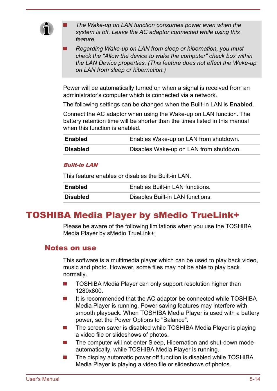 Toshiba media player by smedio truelink, Notes on use, Toshiba media player by smedio truelink+ -14 | Toshiba Satellite Pro C870 User Manual | Page 119 / 146