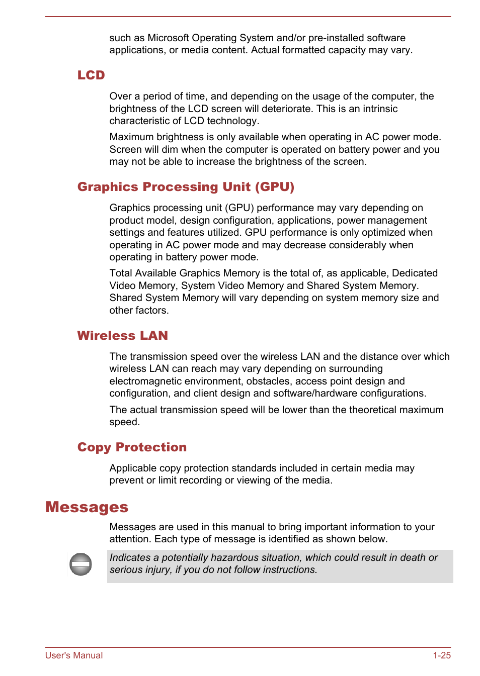 Graphics processing unit (gpu), Wireless lan, Copy protection | Messages, Messages -25 | Toshiba Satellite Pro C870 User Manual | Page 29 / 146