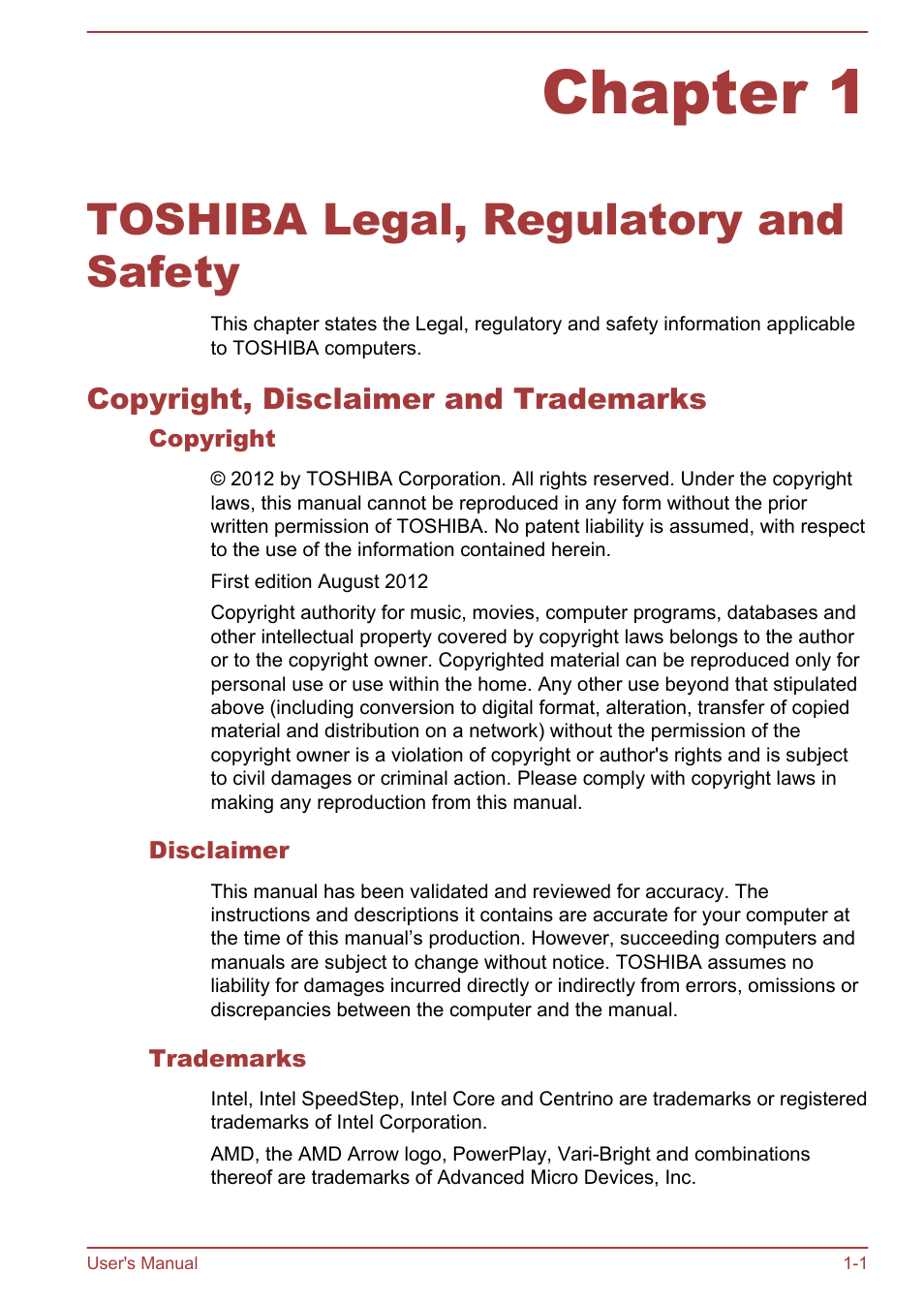 Chapter 1 toshiba legal, regulatory and safety, Copyright, disclaimer and trademarks, Copyright | Disclaimer, Trademarks, Chapter 1, Toshiba legal, regulatory and safety, Copyright, disclaimer and trademarks -1 | Toshiba Satellite Pro C870 User Manual | Page 5 / 146