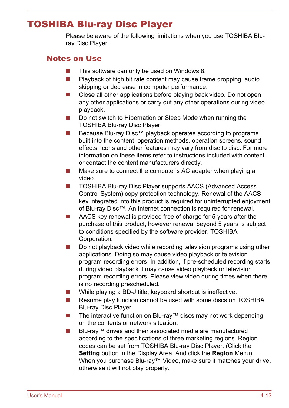 Toshiba blu-ray disc player, Notes on use, Toshiba blu-ray disc player -13 | Toshiba Satellite Pro C870 User Manual | Page 71 / 146