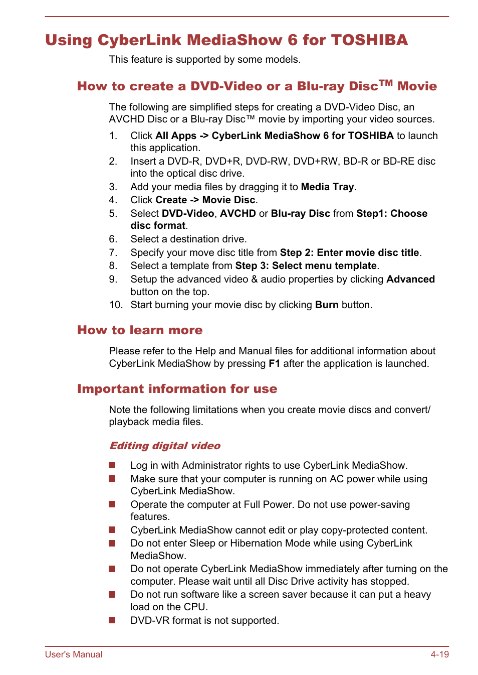 Using cyberlink mediashow 6 for toshiba, How to learn more, Important information for use | Using cyberlink mediashow 6 for toshiba -19 | Toshiba Satellite Pro C870 User Manual | Page 77 / 146