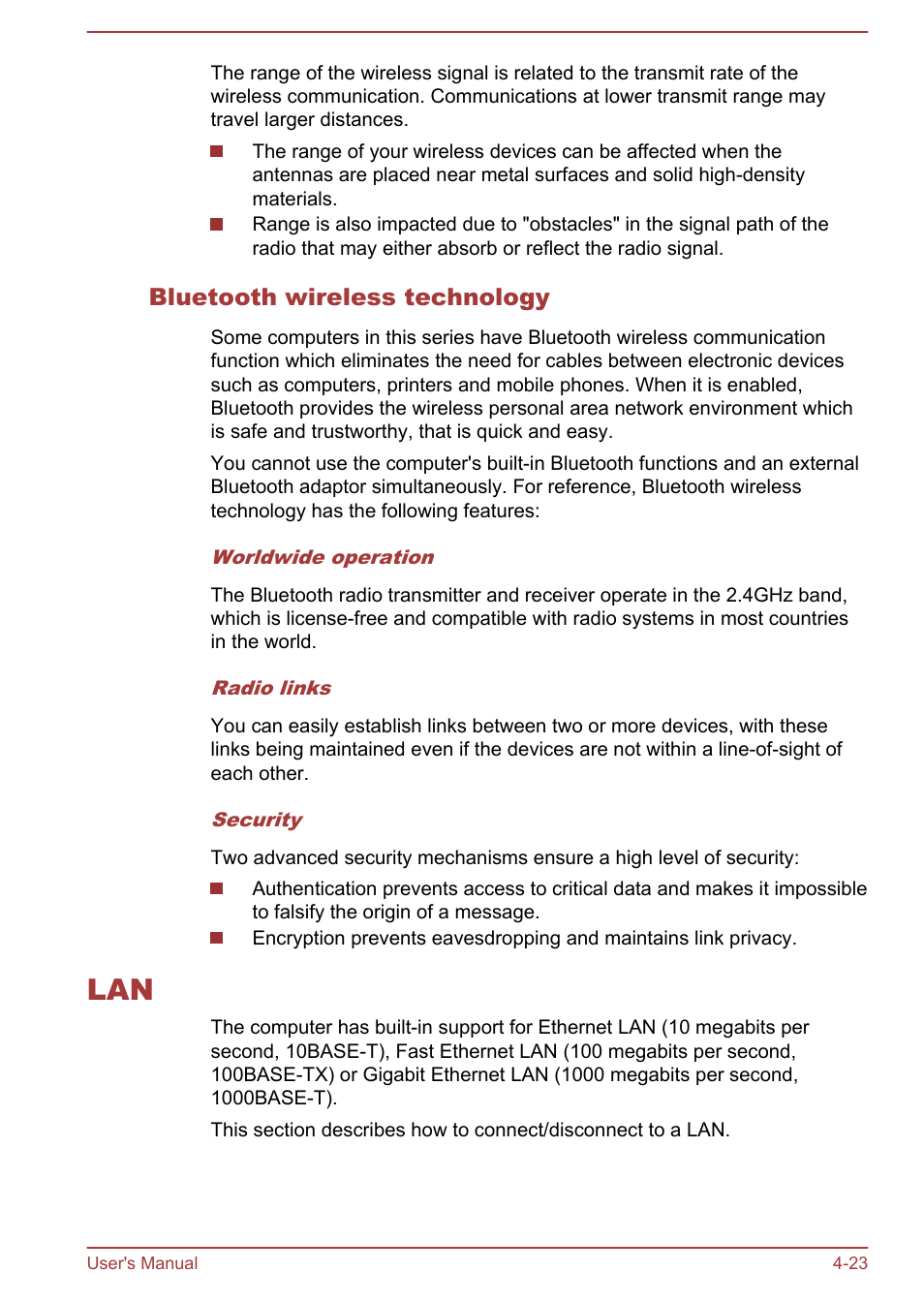 Bluetooth wireless technology, Lan -23 | Toshiba Satellite Pro C870 User Manual | Page 81 / 146