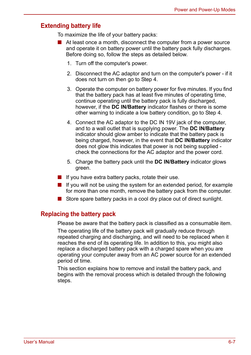Replacing the battery pack, Section, Extending battery life | Toshiba Satellite Pro C660 User Manual | Page 102 / 144