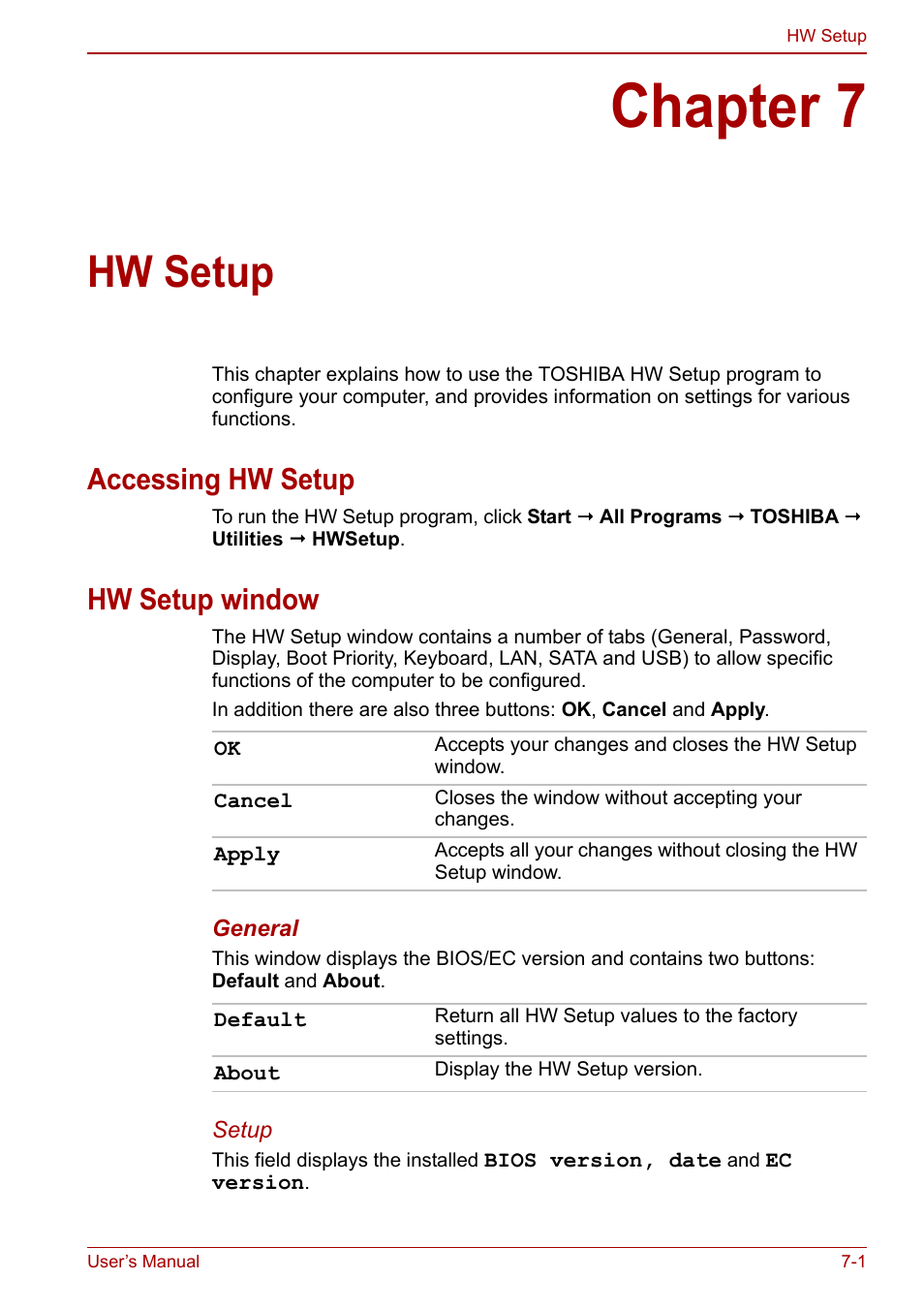 Chapter 7: hw setup, Accessing hw setup, Hw setup window | Chapter 7, Hw setup, Accessing hw setup -1 hw setup window -1 | Toshiba Satellite Pro C660 User Manual | Page 106 / 144