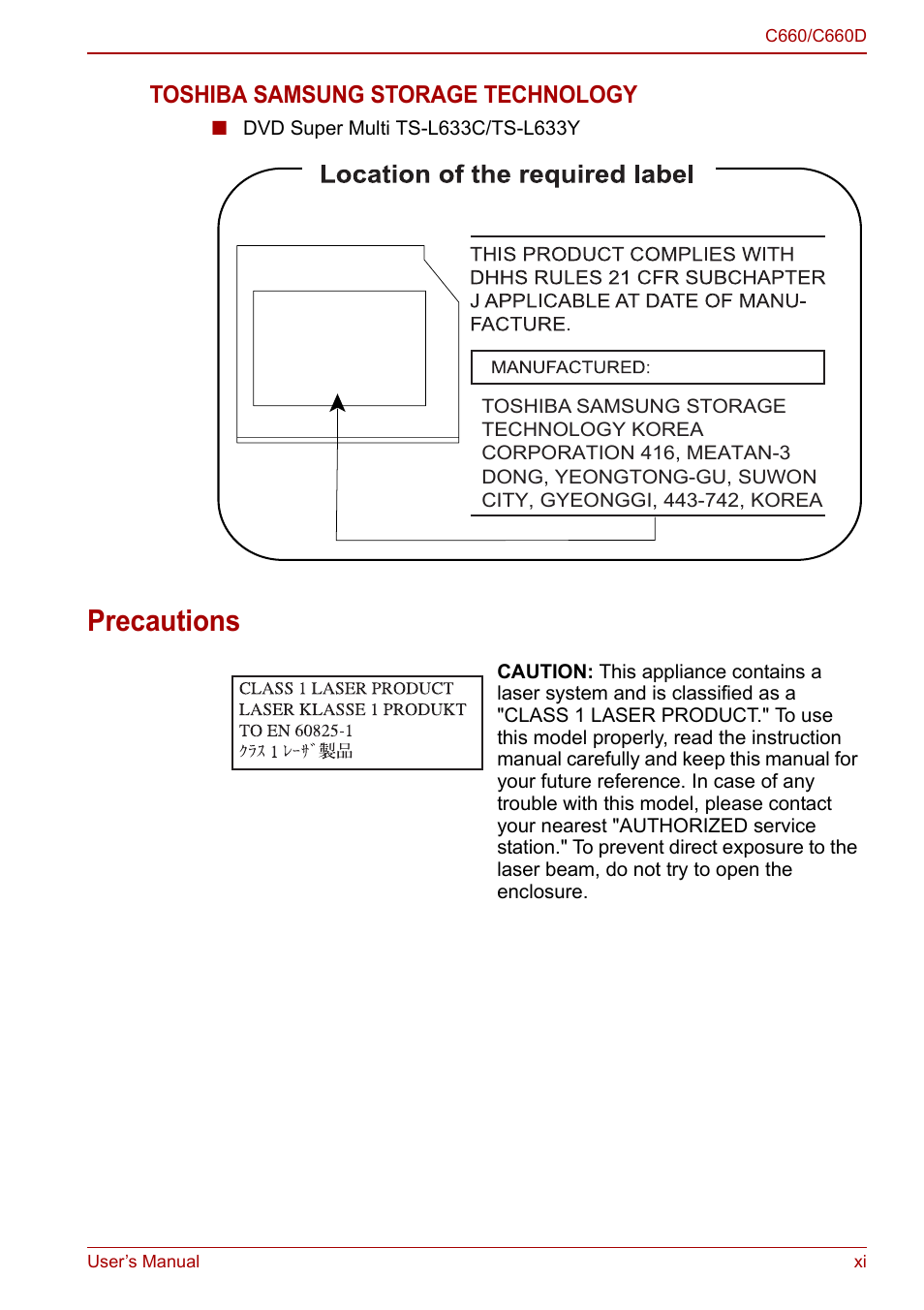 Precautions, Toshiba samsung storage technology | Toshiba Satellite Pro C660 User Manual | Page 11 / 144