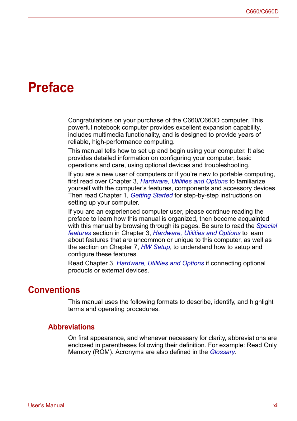 Preface, Conventions | Toshiba Satellite Pro C660 User Manual | Page 12 / 144